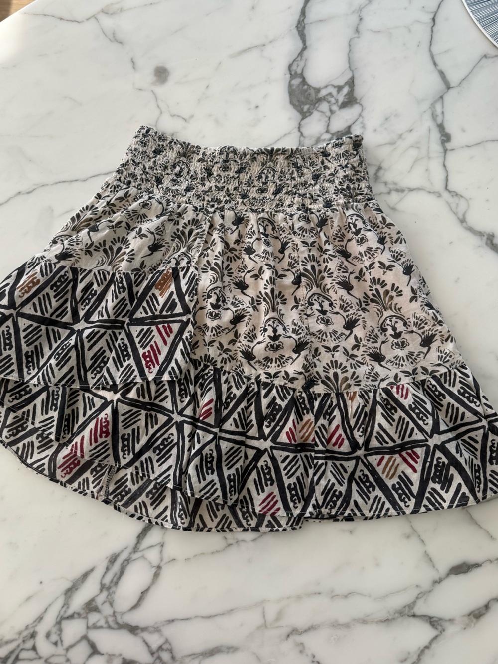 Free People Boho Printed Smocked Waist Skirt - Black, Cream & Burgundy